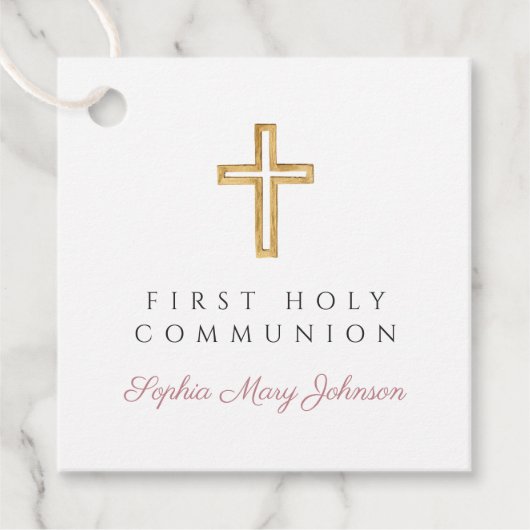 Elegant Pink Script Cross Girl First Communion Bedankjes Labels (Voorkant)