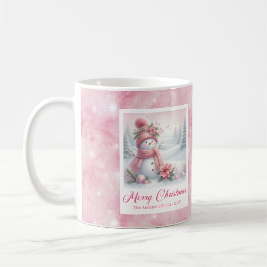 Elegant Pink Snowman Cozy Winter Forest Scene Xmas Koffiemok (Links)
