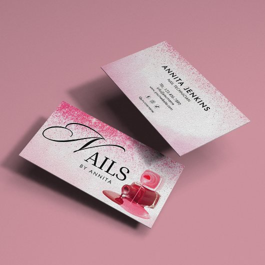 Elegant Pink Sparkly Nails Technician Monogram Visitekaartje