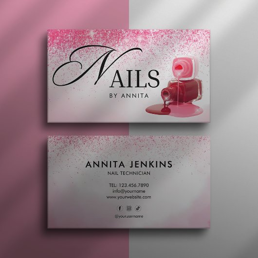 Elegant Pink Sparkly Nails Technician Monogram Visitekaartje