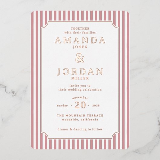 Elegant Pink Striped Wedding Invitation (Recto)