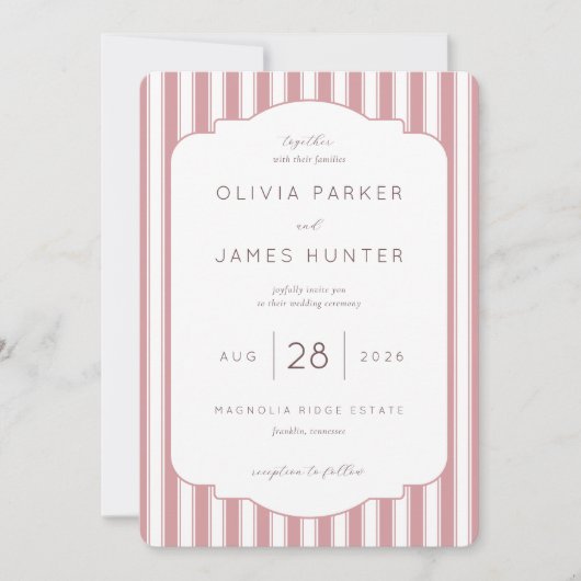 Elegant Pink Stripes Wedding Invitation Kaart (Voorkant)