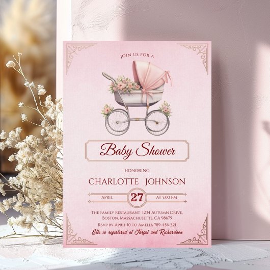 Elégant Pink Vintage Foil Baby shower Invitation