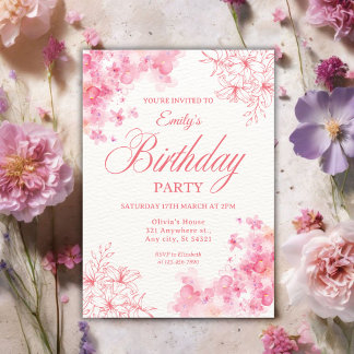 Elegant Pink Watercolor Floral Birthday Party Kaart
