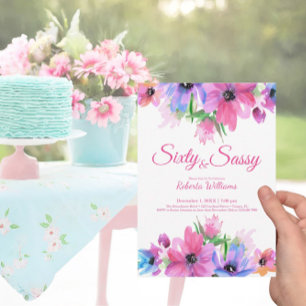 Elegant Pink Waterverf Floral 60e verjaardag Kaart