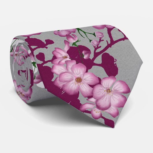 Elegant Pink White Burgundy Cherry Blossom Stropdas (Opgerold)