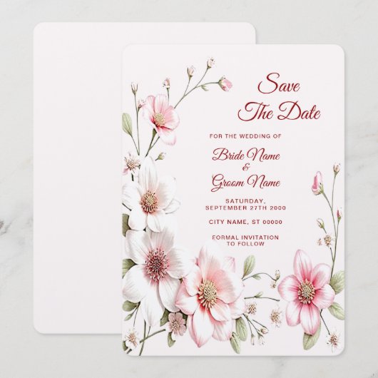 Elegant Pink White Floral Save The Date (Voorkant / Achterkant)