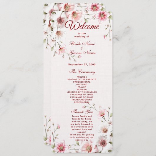 Elegant Pink White Floral Wedding Program Programma (Voorkant / Achterkant)