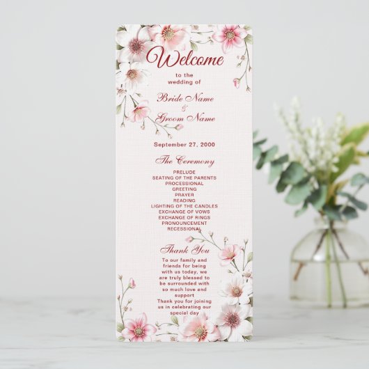 Élégant Pink White Floral Wedding Programme (Debout devant)
