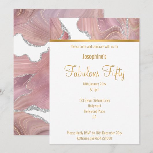 ELEGANT PINK WHITE GOLD MARBLE CUSTOM INVITATION KAART (Voorkant / Achterkant)