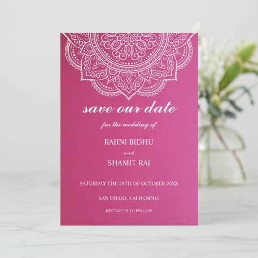 Elegant Pink White Paisley Indian Hindu Wedding Save The Date (Staand voorkant)