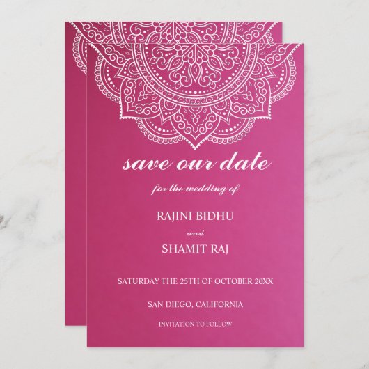 Elegant Pink White Paisley Indian Hindu Wedding Save The Date (Voorkant / Achterkant)