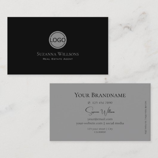 Elegant Plain Black en Grey Chic met Logo Modern Visitekaartje (Voorkant / Achterkant)