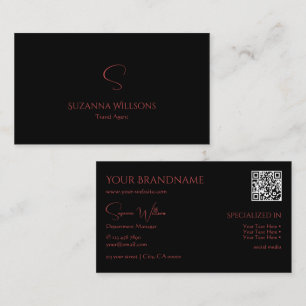 Elegant Plain Black Red met monogram en QR-code Visitekaartje