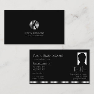 Elegant Plain Black Silver met monogram en foto Visitekaartje