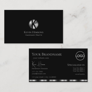 Elegant Plain Black Silver met monogram en Logo Visitekaartje