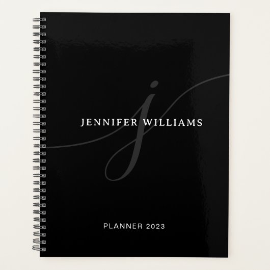 Elegant Plain Black White Silver Script Monogram Planner (Voorkant)