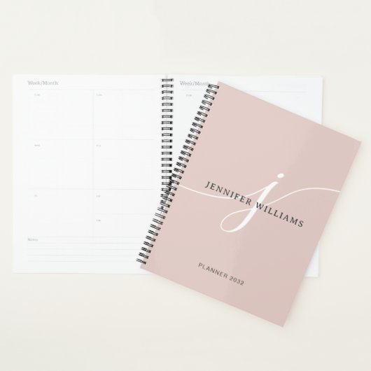 Elegant Plain Blush Pink White Script Monogram Planner (Display)