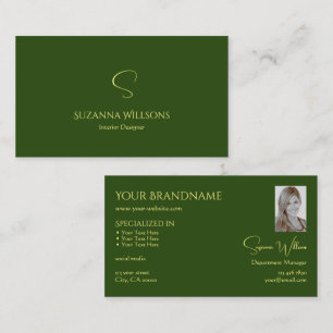 Elegant Plain Forest Green met Monogram en Foto Visitekaartje