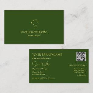 Elegant Plain Forest Green met Monogram QR-code Visitekaartje