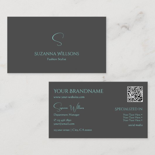 Elegant Plain Grey Blauwgroen met monogram en QR-c Visitekaartje (Voorkant / Achterkant)