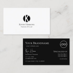 Elegant Plain White Black met monogram en Logo Visitekaartje