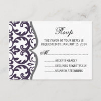 Elégant Plum Damask Coeur Wedt Carte RSVP