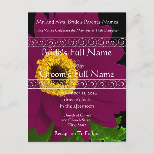 Elegant Plum Gerber Daisy Wedding Invitation Uitnodiging Briefkaart (Voorkant)