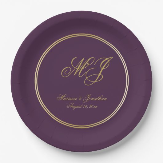 Elegant Plum Paars Gold Monogram Script Weduwschap Papieren Bordje (Voorkant)