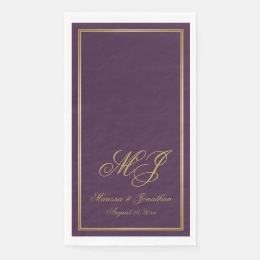 Elegant Plum Paars Gold Monogram Script Weduwschap Servet (Voorkant)