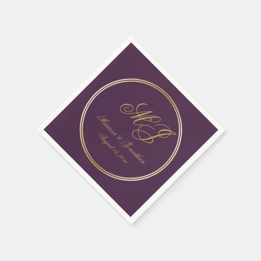 Elegant Plum Paars Gold Monogram Script Weduwschap Servet (Hoek)