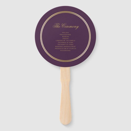 Elegant Plum Paars Gold Monogram Weddenprogramma Handwaaier (Achterkant)