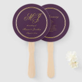 Elegant Plum Paars Gold Monogram Weddenprogramma Handwaaier (Voorkant en achterkant)