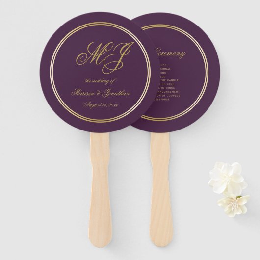 Elegant Plum Paars Gold Monogram Weddenprogramma Handwaaier (Voorkant en achterkant)