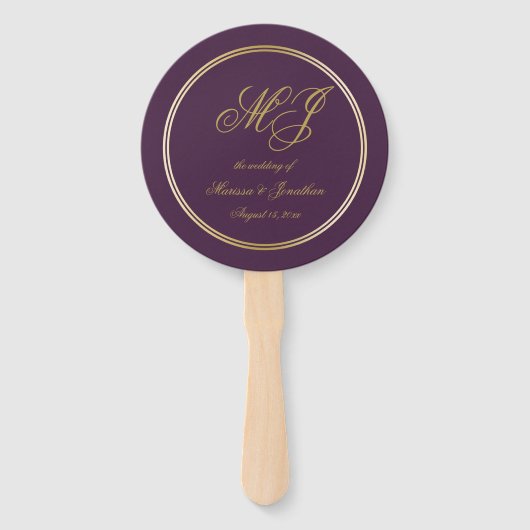 Elegant Plum Paars Gold Monogram Weddenprogramma Handwaaier (Voorkant)