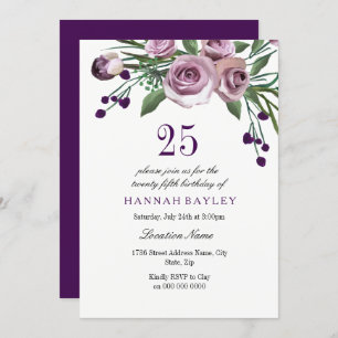 Elegant Plum Paars Roos 25th Birthday Invitation Kaart
