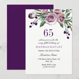 Elegant Plum Paars Roos 65th Birthday Invitation Kaart