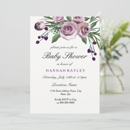 Elegant Plum Paars Roos Baby shower Invitation Kaart (Staand voorkant)