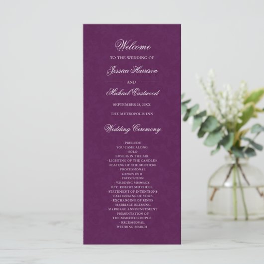 Elegant Plum Paars Simple Modern Wedding Programma (Staand voorkant)