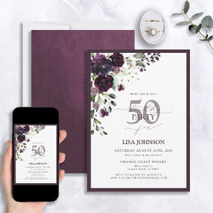 Elegant Plum Paarse Bloemen Script 50th Verjaardag Kaart