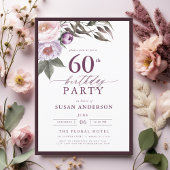 Elegant Plum Paarse Bloemen Script 60th Verjaardag Kaart