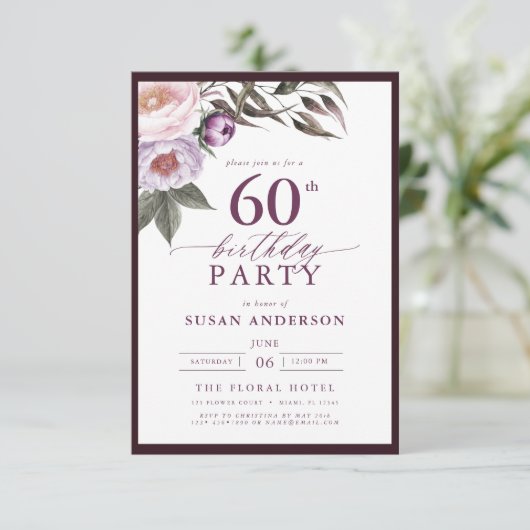 Elegant Plum Paarse Bloemen Script 60th Verjaardag Kaart (Staand voorkant)