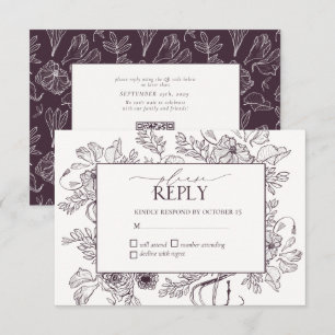 Elegant Plum Paarse Floral Line Art Wedding RSVP Kaartje