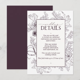 Elegant Plum Paarse Floral Wedding Details Informatiekaartje