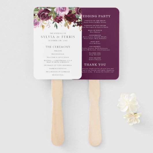 Elegant Plum Paarse Floral Wedding Programme Handwaaier (Voorkant en achterkant)