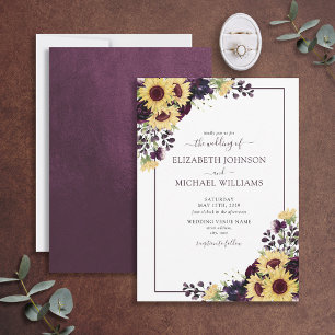 Elegant Plum Paarse Sunflower Waterverf Wedding Kaart