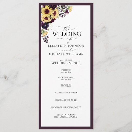 Elegant Plum Paarse Sunflower Waterverf Wedding Programma (Voorkant)