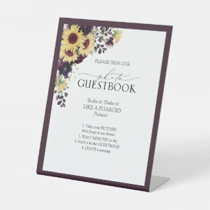 Elegant Plum Paarse Sunflower Wedding Guestbook Reclamebord Met Voetstuk
