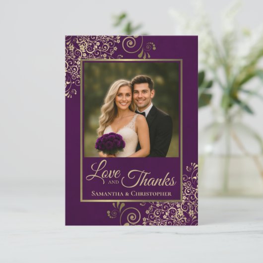 Élégant Plum Purple & Gold Love & Merci Mariage (Debout devant)
