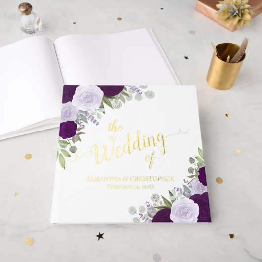 Élégant Plum violet Boho Roses Mariage à huile (Recto ouvert)